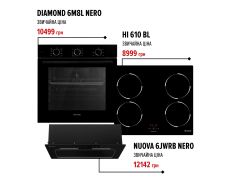 Комплект техники Perfelli Духовка DIAMOND 6M8L NERO + Поверхня HI 610 BL + Витяжка NUOVA 6JWRB NERO