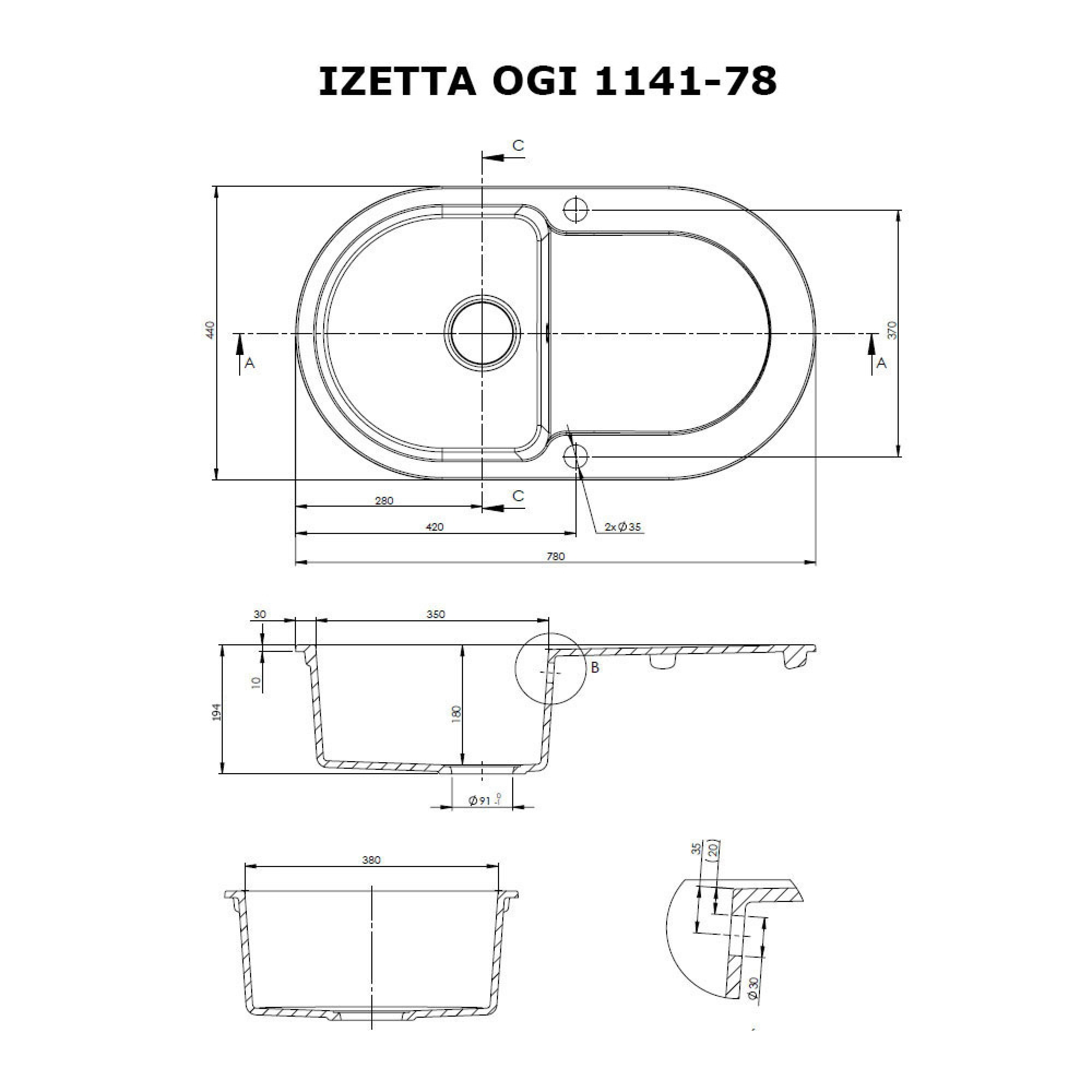 Perfelli 5902767150781 - зображення 5 Мийка кухонна гранітна Perfelli IZETTA OGI 1141-78 GREY METALLIC - зображення 5
