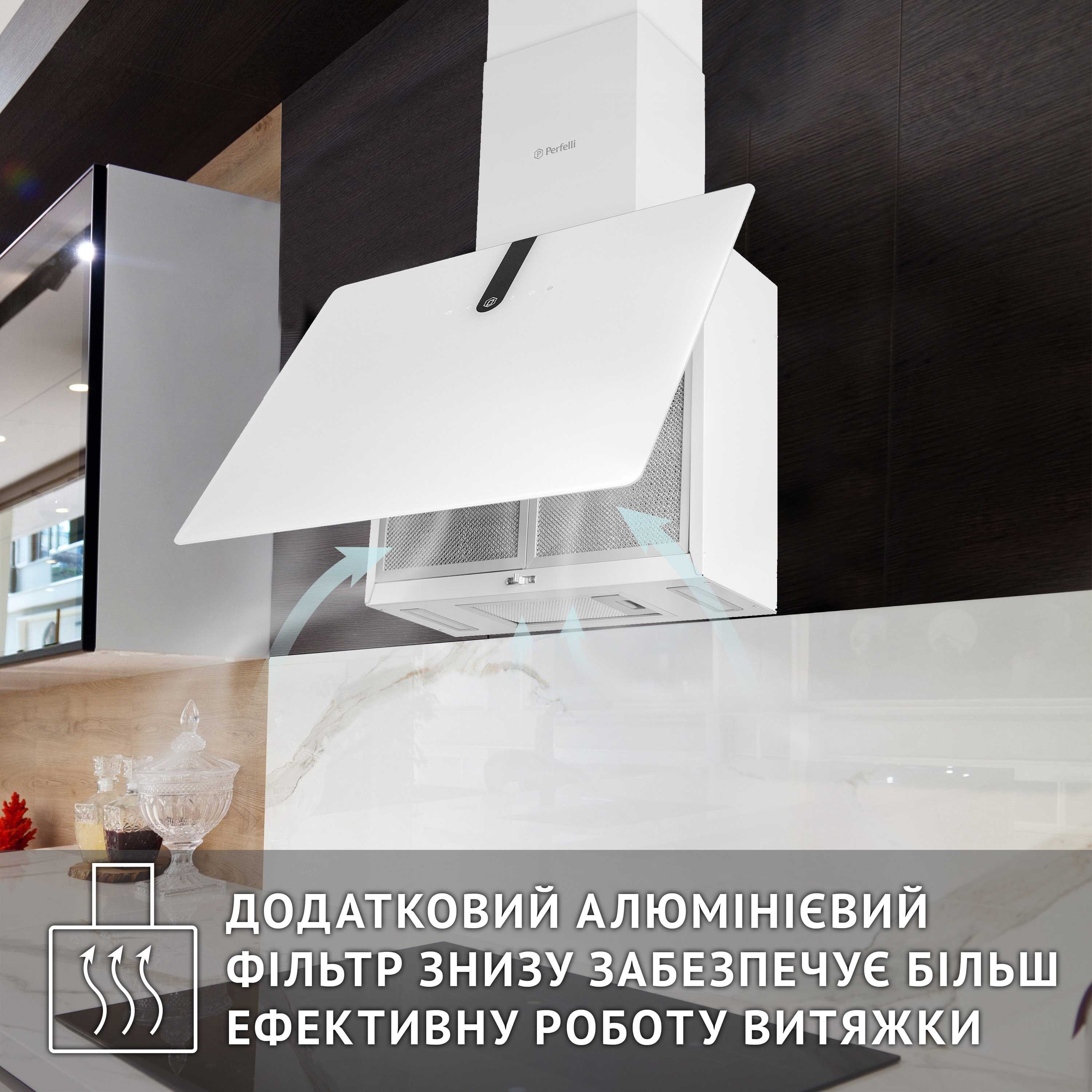 Perfelli 5902767159821 - зображення 7 Витяжка декоративна похила Perfelli PIANO BIANCA - зображення 7