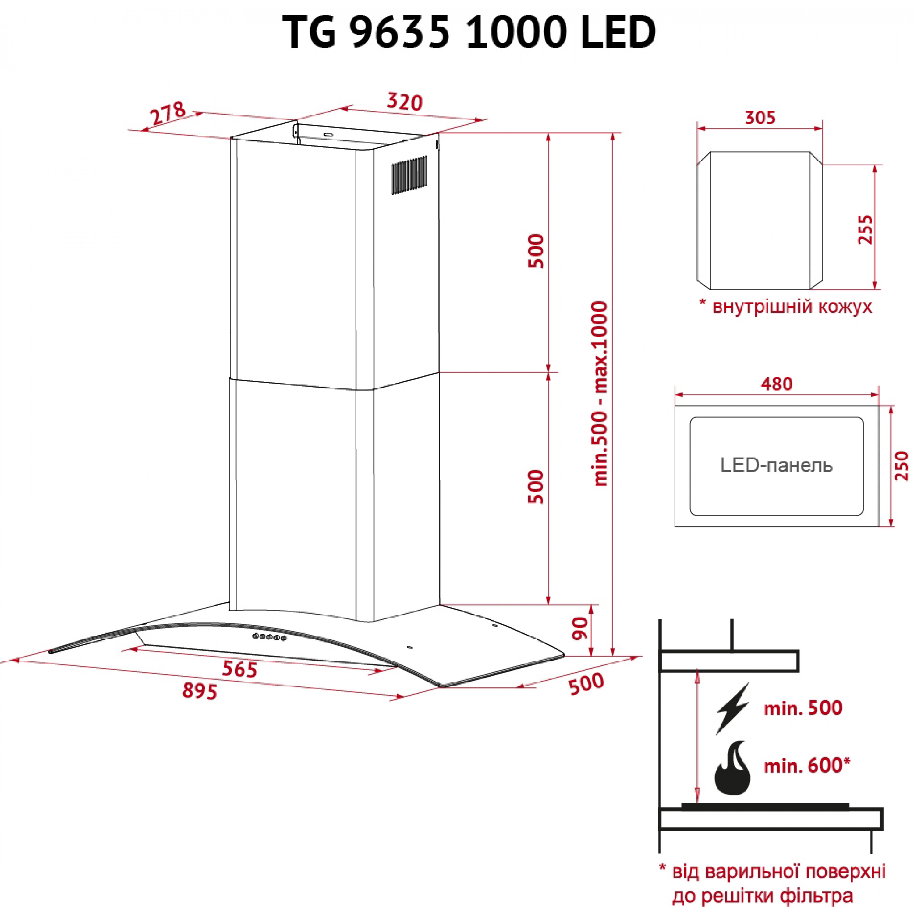 Витяжка декоративна зі склом Perfelli TG 9635 I 1000 LED - зображення 12