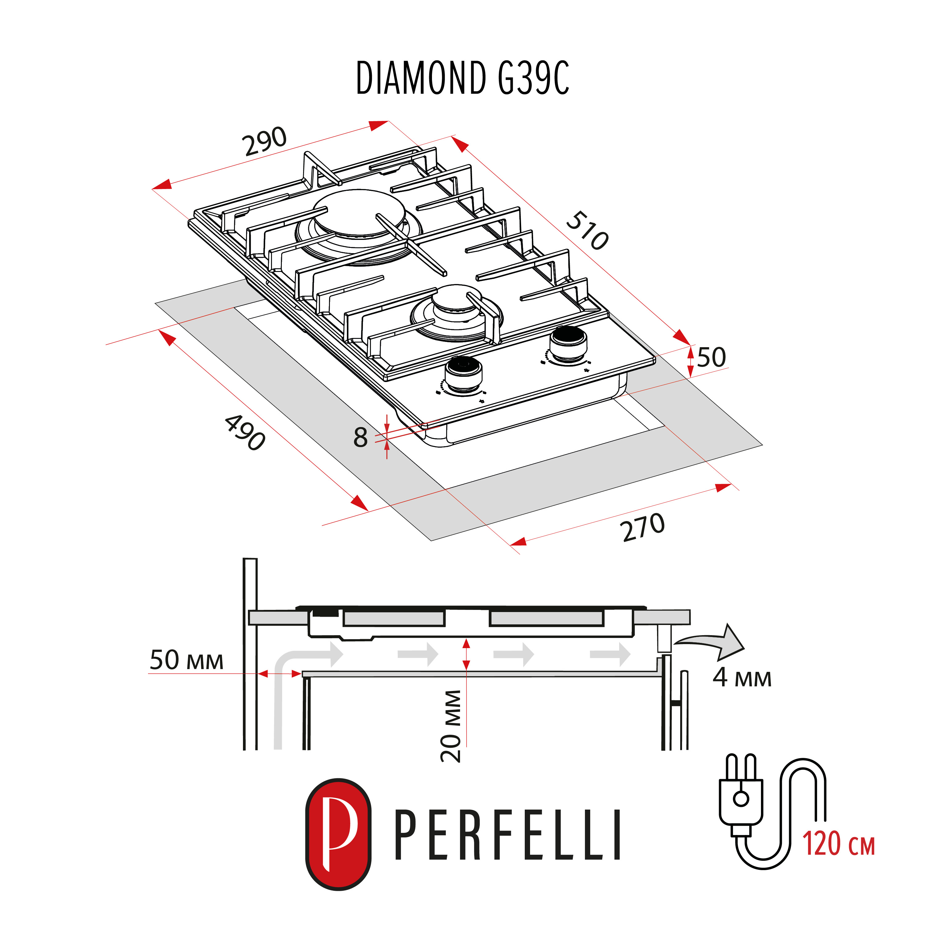 Perfelli 5905563502020 - зображення 3 Газова поверхня на склі PERFELLI DIAMOND G39C NERO - зображення 3