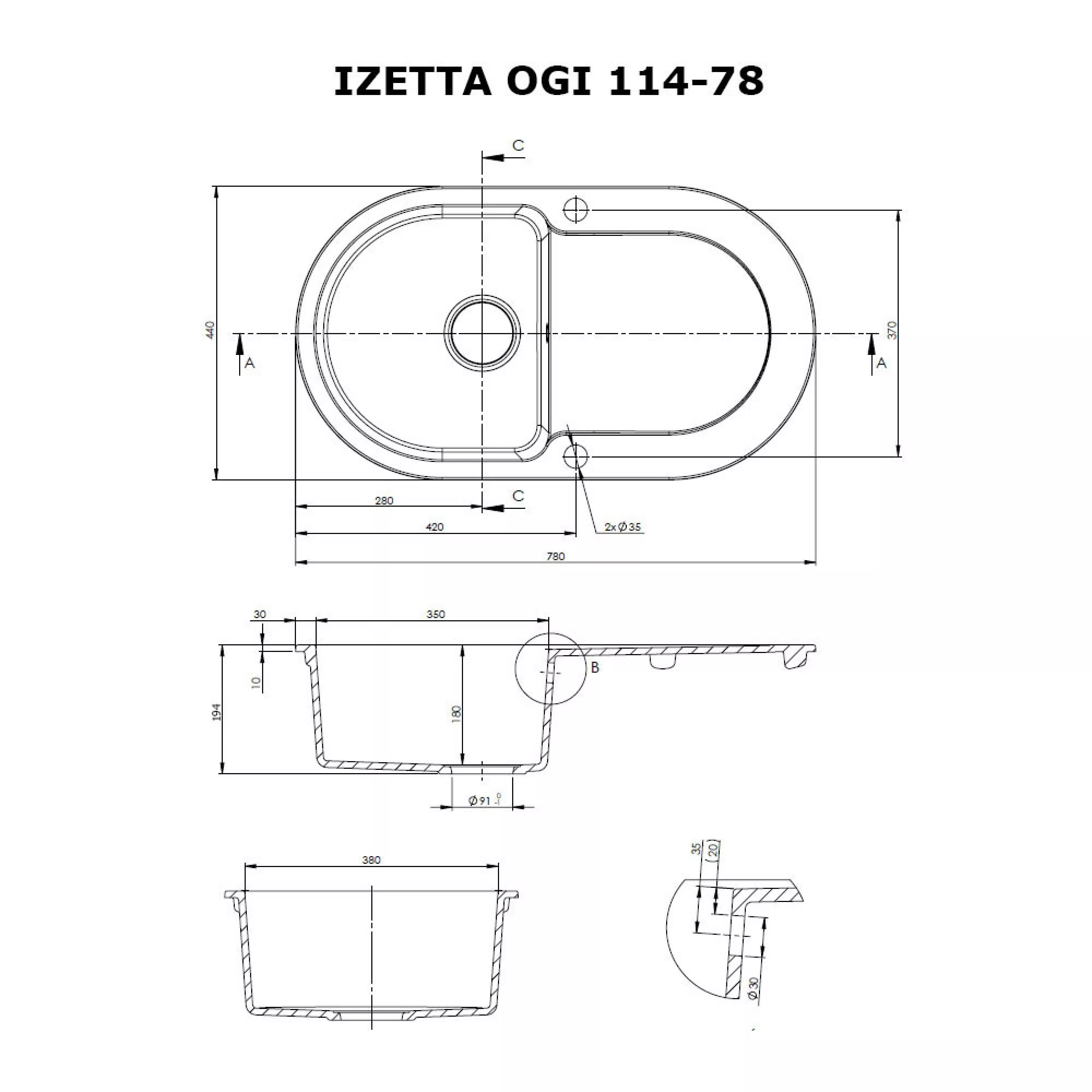 Мойка гранитная кухонная Perfelli IZETTA OGI 114-78 WHITE - зображення 5