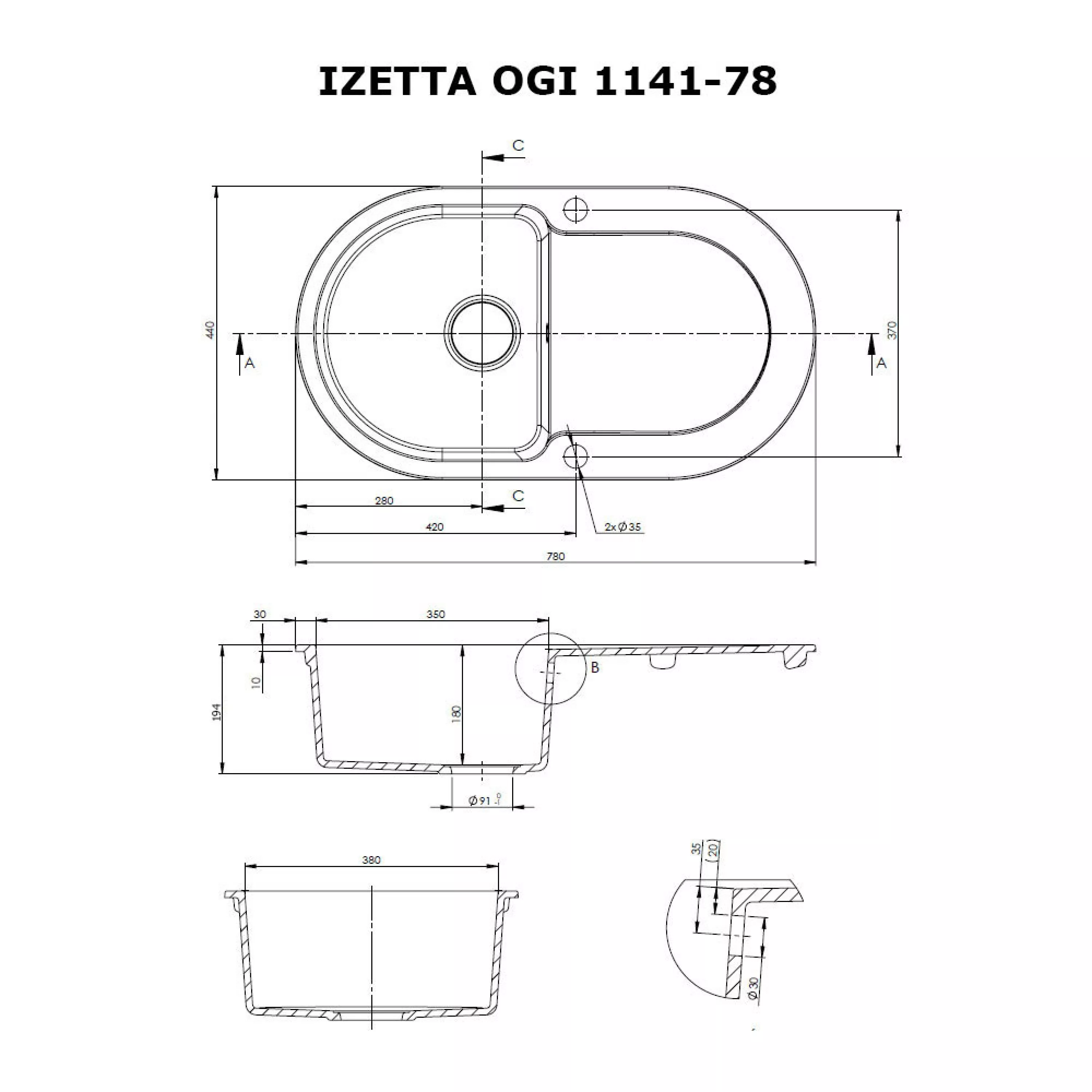 Мойка гранитная кухонная Perfelli IZETTA OGI 1141-78 BLACK METALLIC - зображення 5