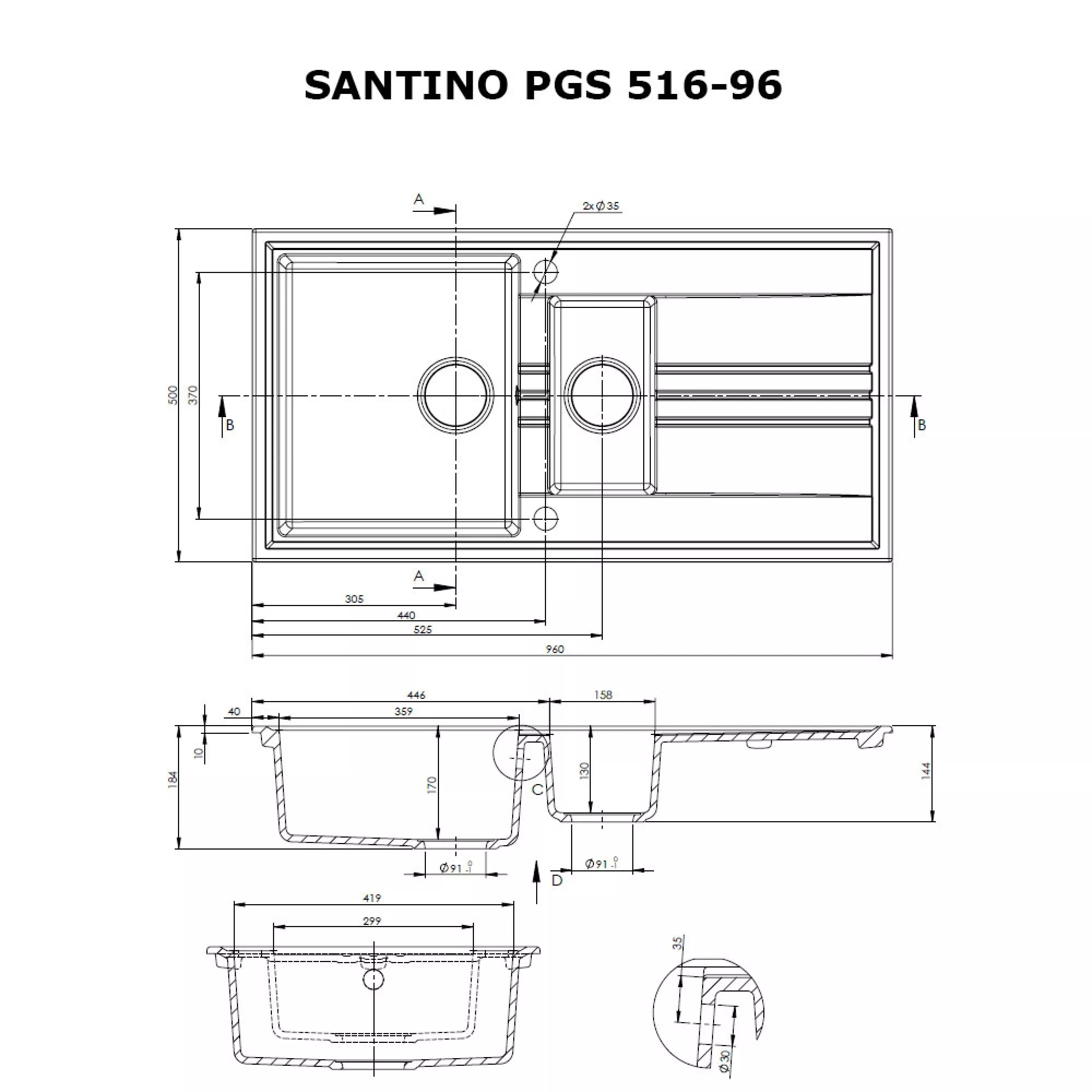 Мойка гранитная кухонная Perfelli SANTINO PGS 516-96 WHITE - зображення 5