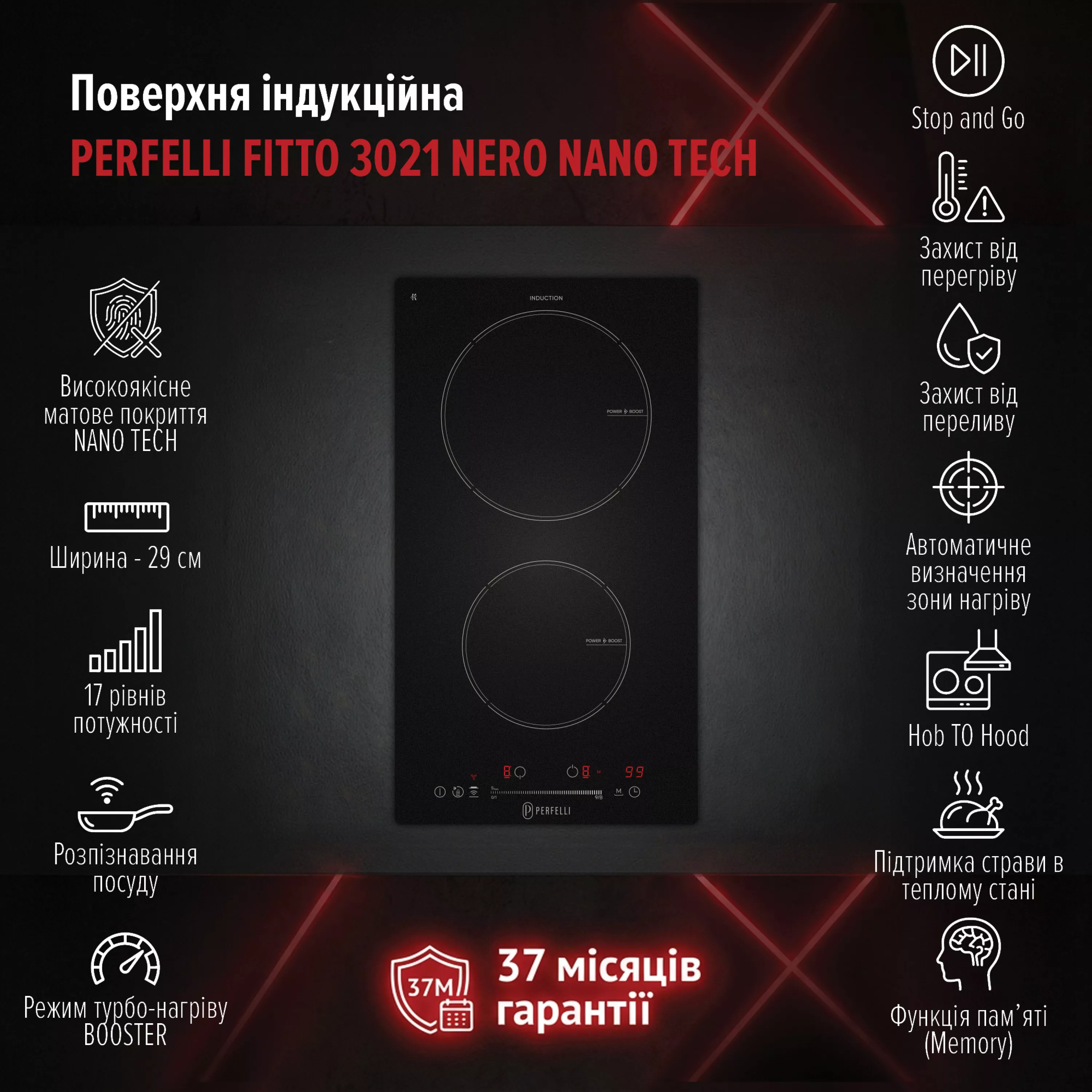 Perfelli 5905563501931 - зображення 14 Поверхность индукционная Domino PERFELLI FITTO 3021 NERO NANO TECH - зображення 14