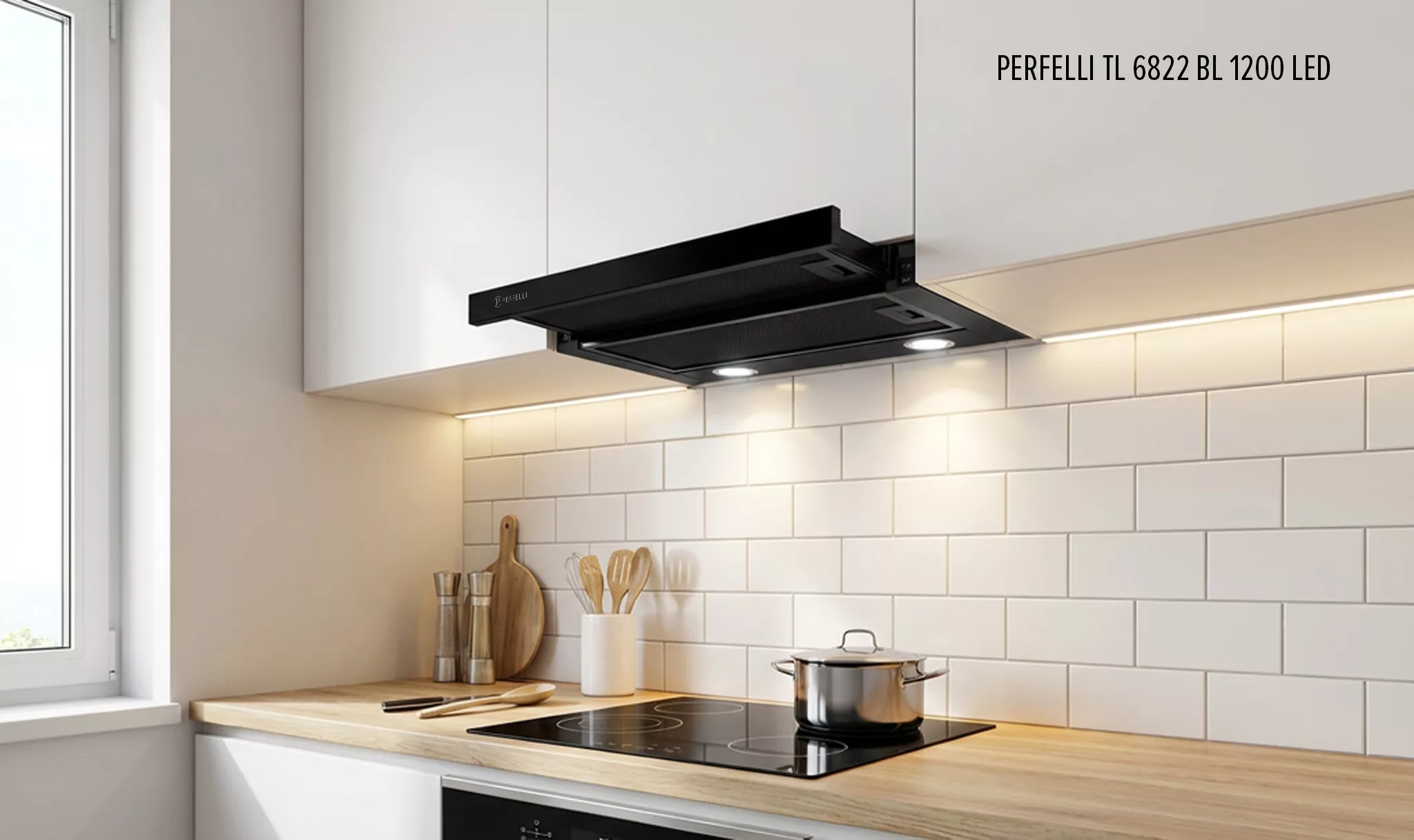 витяжка PERFELLI TL 6822 BL 1200 LED 60 см телескопічна чорного кольору